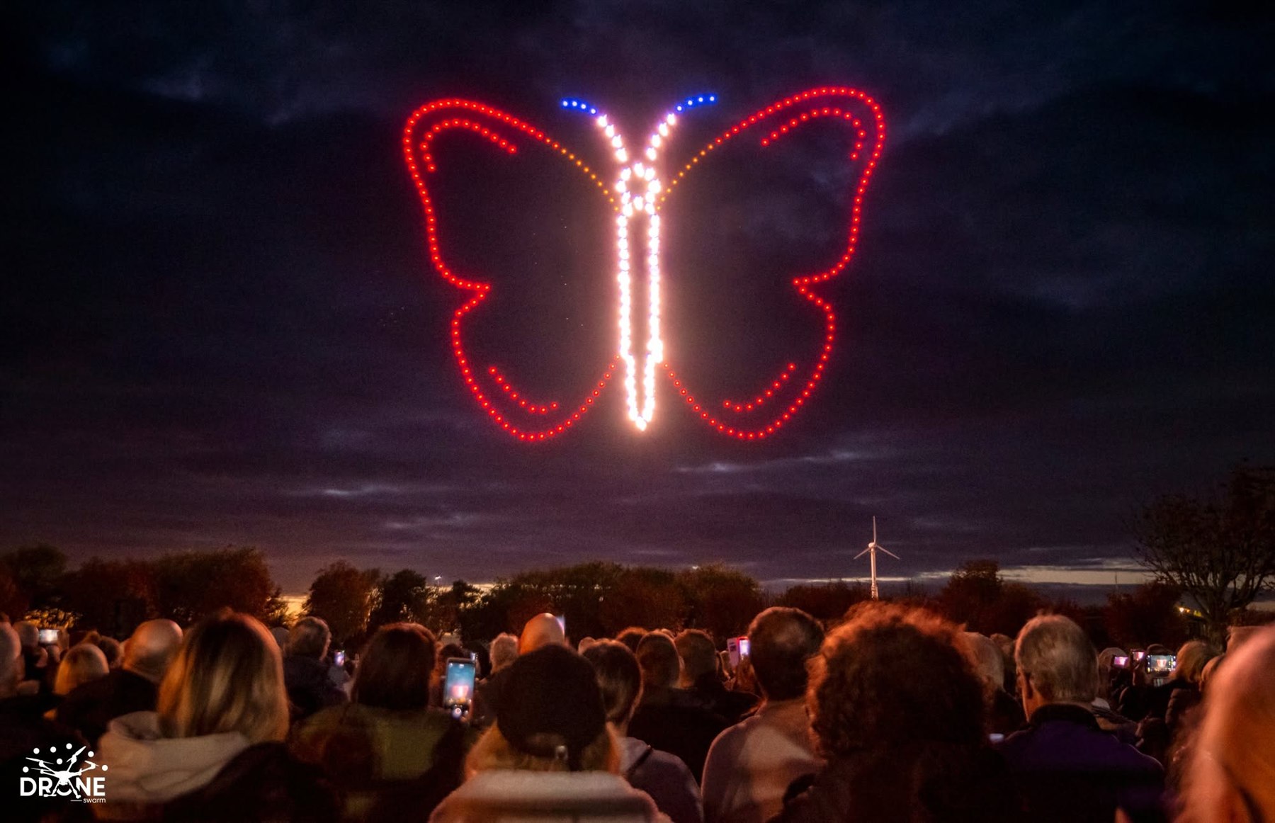 A butterfly-shaped DroneSwarm display above an outdoor audience