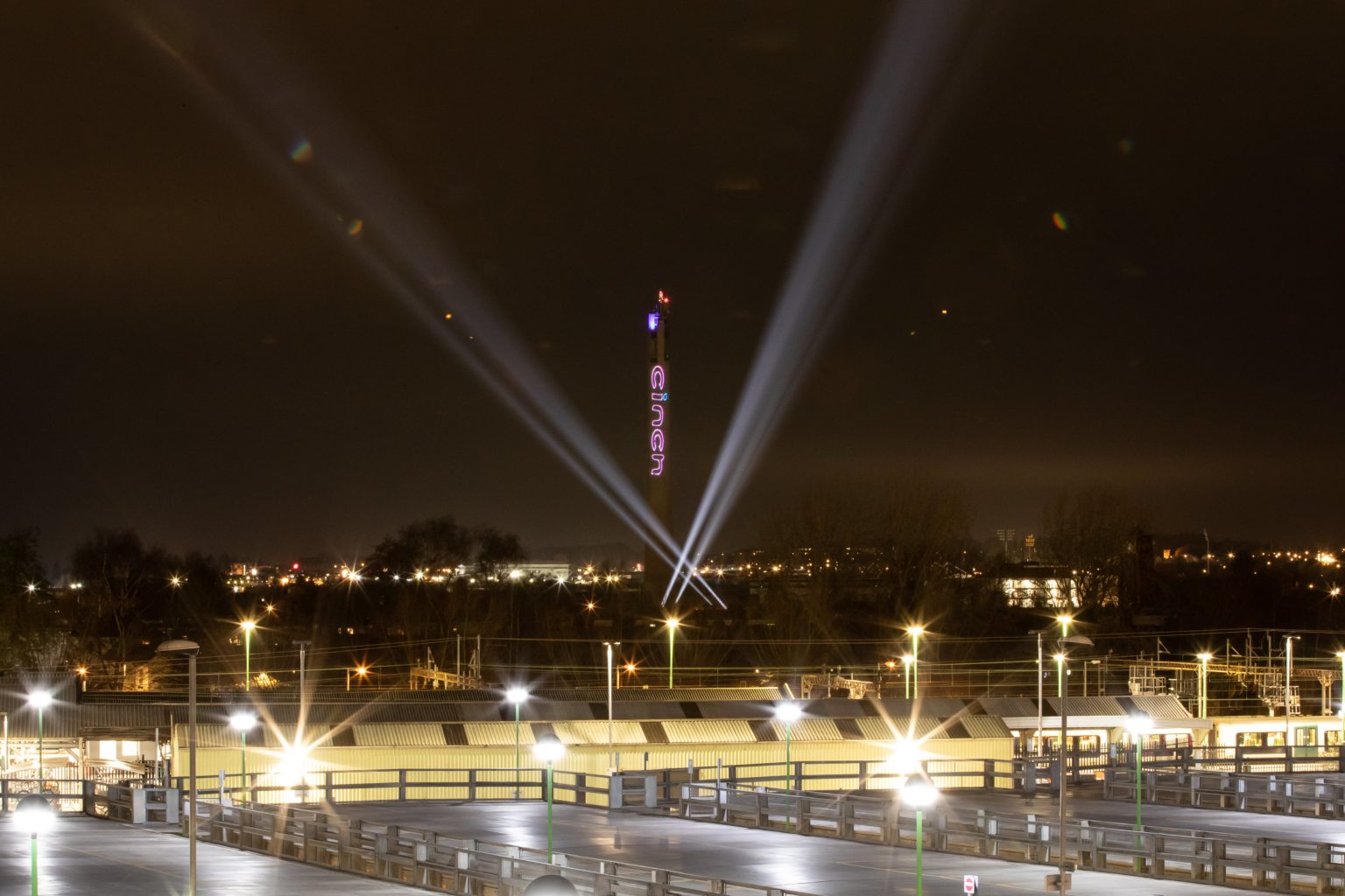 Laser branding and searchlights illuminate Northampton’s National Lift Tower